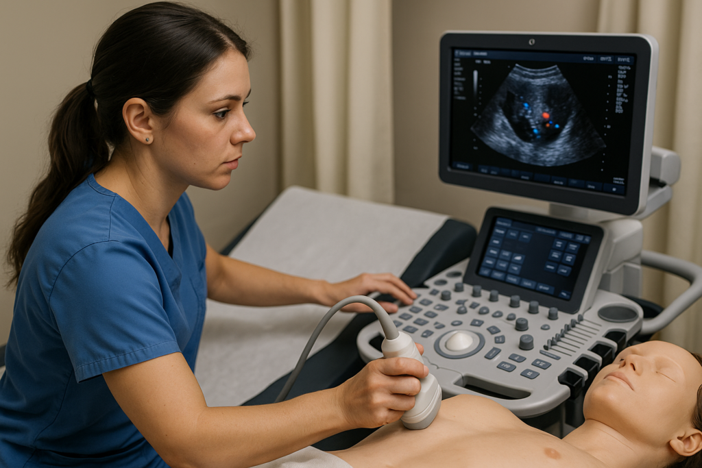 Student optimizing presets in Ultrasound Technology lab during a pelvic scan