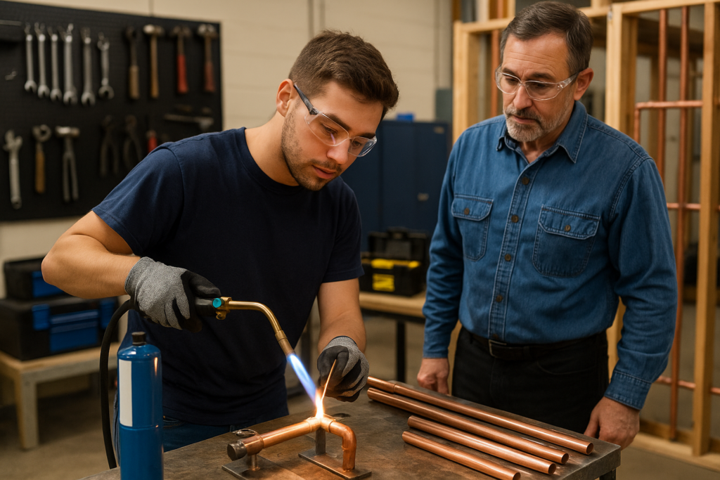 Student brazing copper during Plumber Apprenticeship lab session