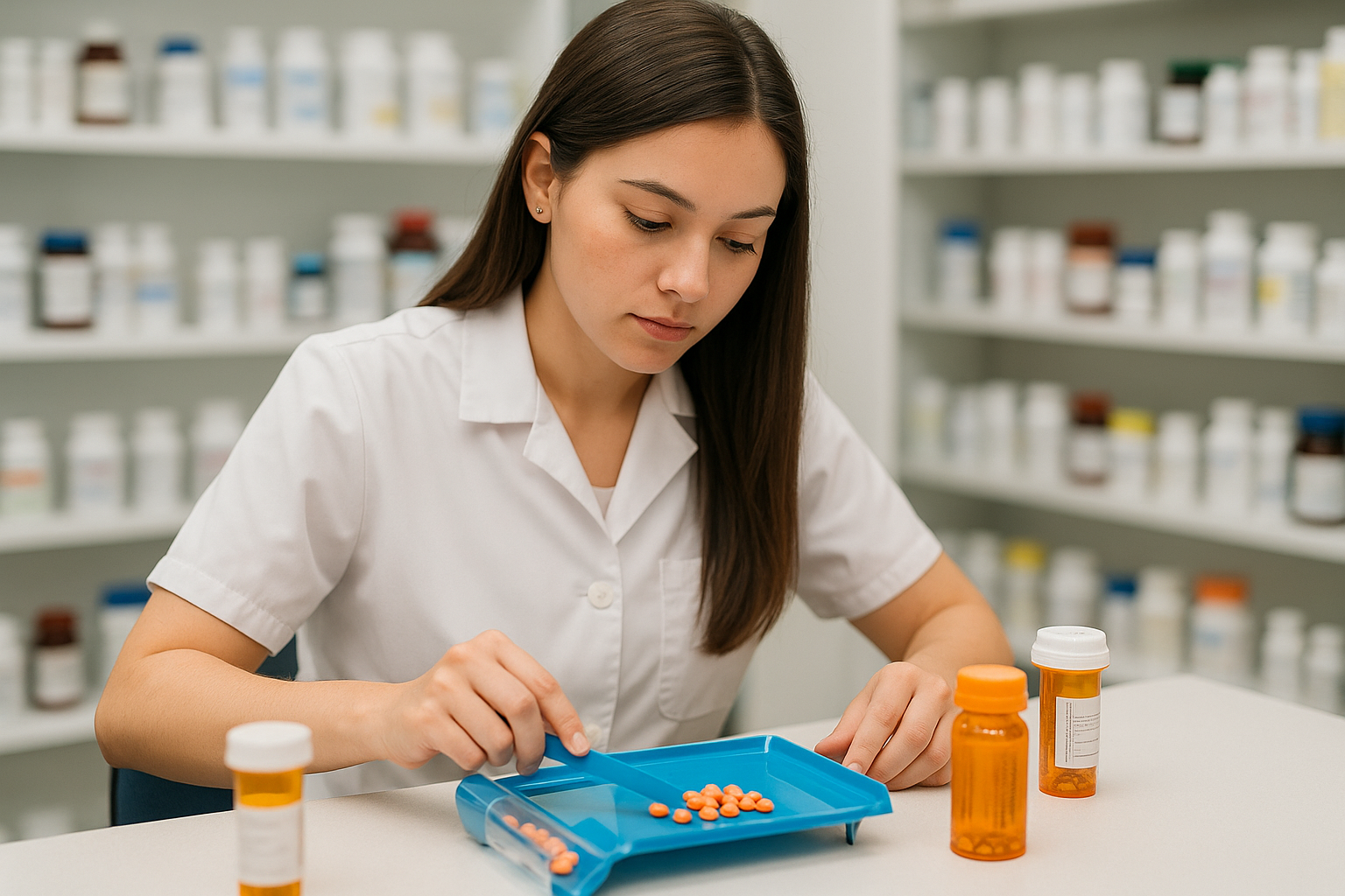 Student preparing prescriptions in Health Science with Pharmacy Technician lab