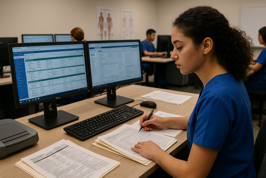 Student validating records in Health Information Technology lab setting