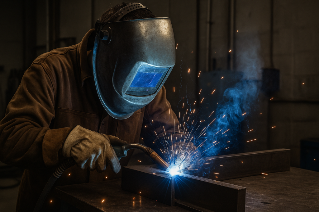 Student striking arc on steel plate during Welding lab training session