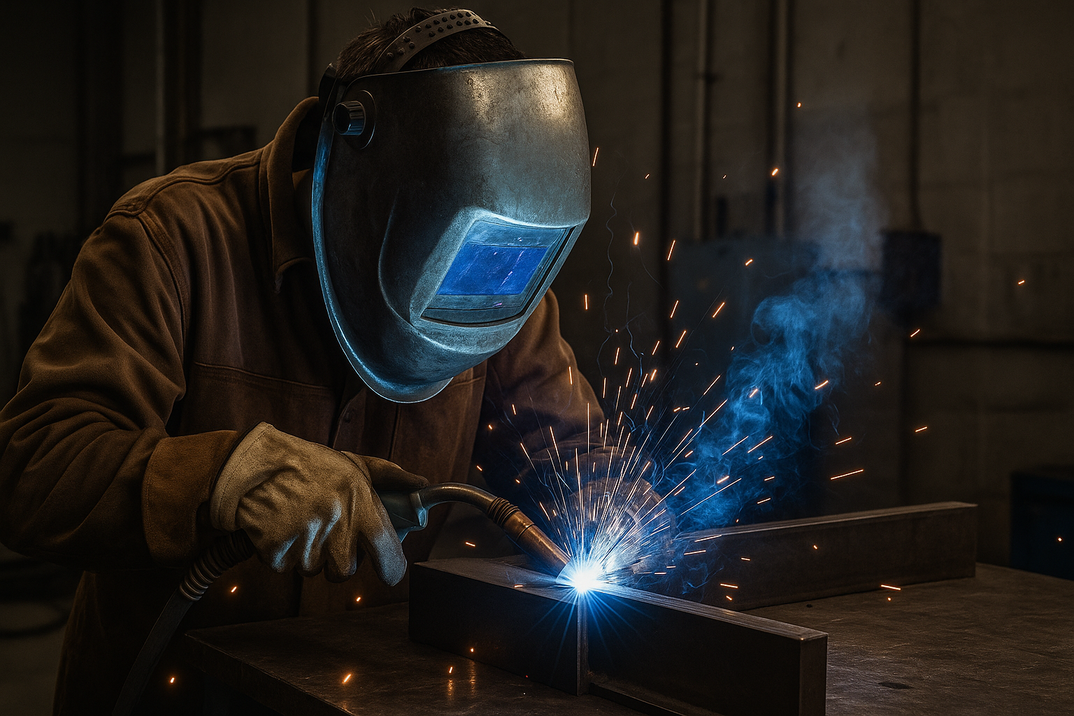 Student striking arc on steel plate during Welding lab training session